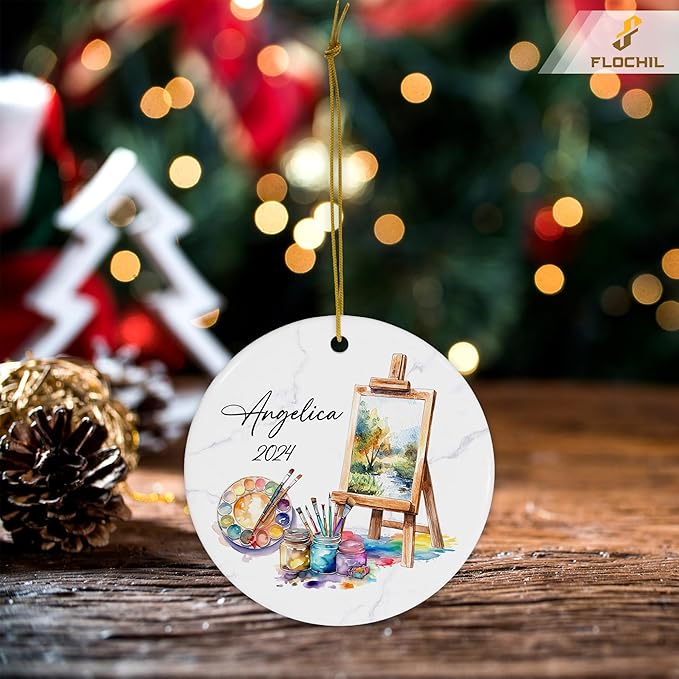FLOCHIL Personalized Artist Ornaments for Christmas Tree, Custom Artist Palette Christmas Ornament with Name, Drawing Ornaments for Christmas Tree, Gifts for Girls, Christmas