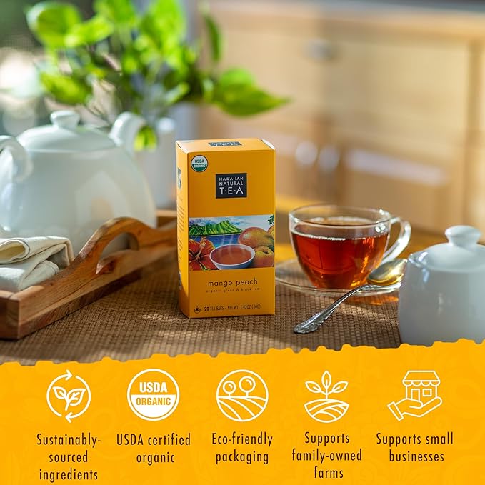 Hawaiian Natural Tea Mango Peach Flavored Organic Tea - Tropical Fruit Green and Black Tea Blend - Perfect Daily Cup & Gift for Special Occasions - 120 Tea Bags