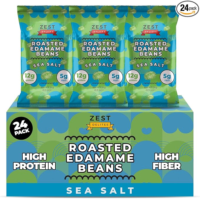 Crunchy Dry Roasted Edamame Beans Snack by Zest Delites, Sea Salt, Vegan, Low Calorie (110cal) High Protein Snacks (12g), Low Carb, Keto, Gluten Free, 0.9 oz 24 Packs