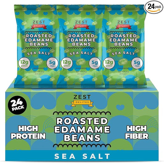 Crunchy Dry Roasted Edamame Beans Snack by Zest Delites, Sea Salt, Vegan, Low Calorie (110cal) High Protein Snacks (12g), Low Carb, Keto, Gluten Free, 0.9 oz 24 Packs
