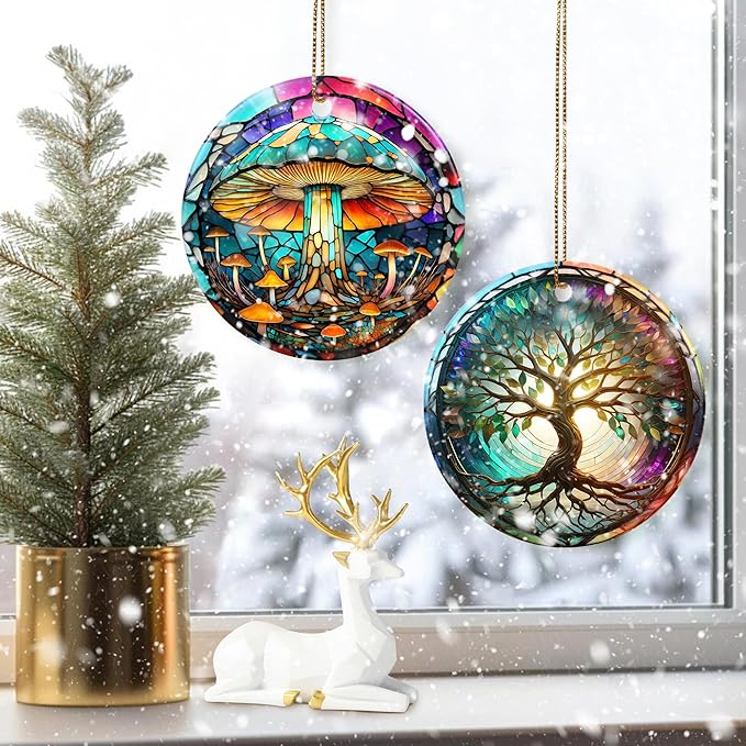 Colorful Ceramic Mushroom Christmas Ornament, Mushroom Lovers Gift, Christmas Decor - Pattern B