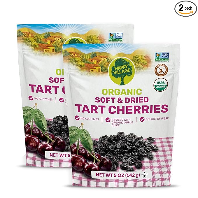 Happy Village Organic Whole Dried Tart Cherries, 10 OZ (2 Packs of 5 OZ) - Soft & Juicy, Kosher, Non-GMO, No Refined Sugar, Apple Juice Infused Dried Tart Cherry