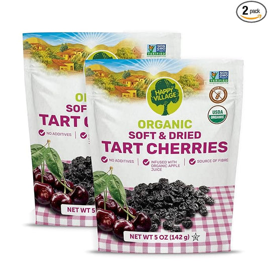 Happy Village Organic Whole Dried Tart Cherries, 10 OZ (2 Packs of 5 OZ) - Soft & Juicy, Kosher, Non-GMO, No Refined Sugar, Apple Juice Infused Dried Tart Cherry