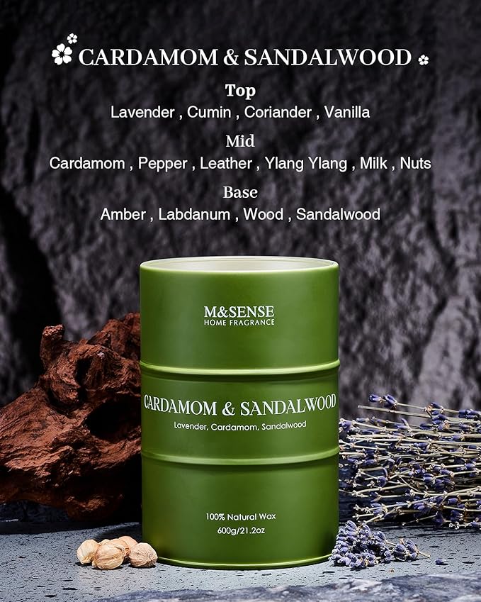 M&SENSE Cardamom Sandalwood Large Soy Scented Candles, Natural Organic Clean Burning Candles 21.2oz 120 Hours Long Lasting, Relaxing Aromatherapy Candles Gifts for Stress Relief