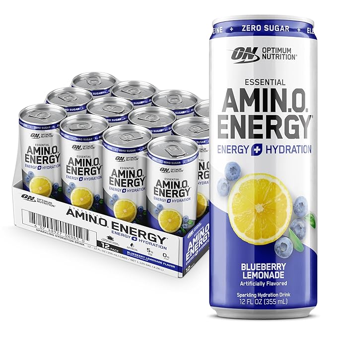 Optimum Nutrition Amino Energy Sparkling Hydration Drink, Electrolytes, Caffeine, Amino Acids, BCAAs, Sugar Free, Blueberry Lemonade, 12 Fl Oz, 12 Pack (Packaging May Vary)