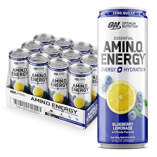 Optimum Nutrition Amino Energy Sparkling Hydration Drink, Electrolytes, Caffeine, Amino Acids, BCAAs, Sugar Free, Blueberry Lemonade, 12 Fl Oz, 12 Pack (Packaging May Vary)