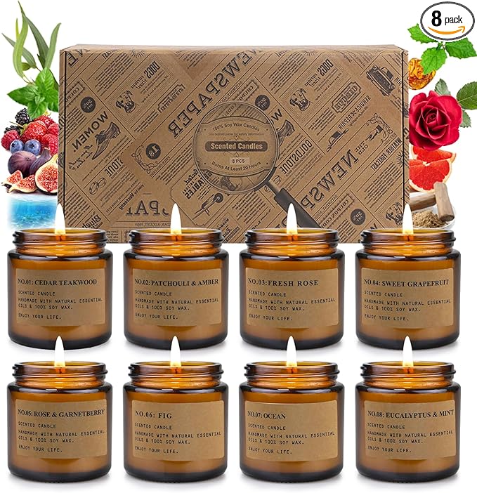 8 Pack Candles for Home Scented,Aromatherapy Jar Candle Gifts for Women, Natural Soy Wax Amber Candle Set, Scented Candles Set for Birthday Valentine Mother's Christmas Day Present