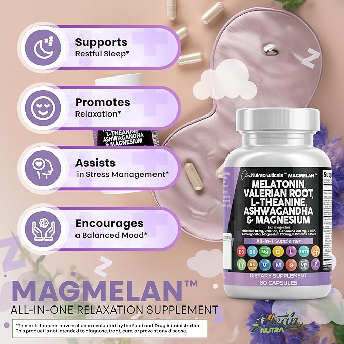 Clean Nutraceuticals Melatonin 10mg Valerian Root L Theanine 200mg Ashwagandha - Sleep Support for Women & Men with Magnesium Complex, Lemon Balm, Chamomile, & Passion Flower - 60 Caps