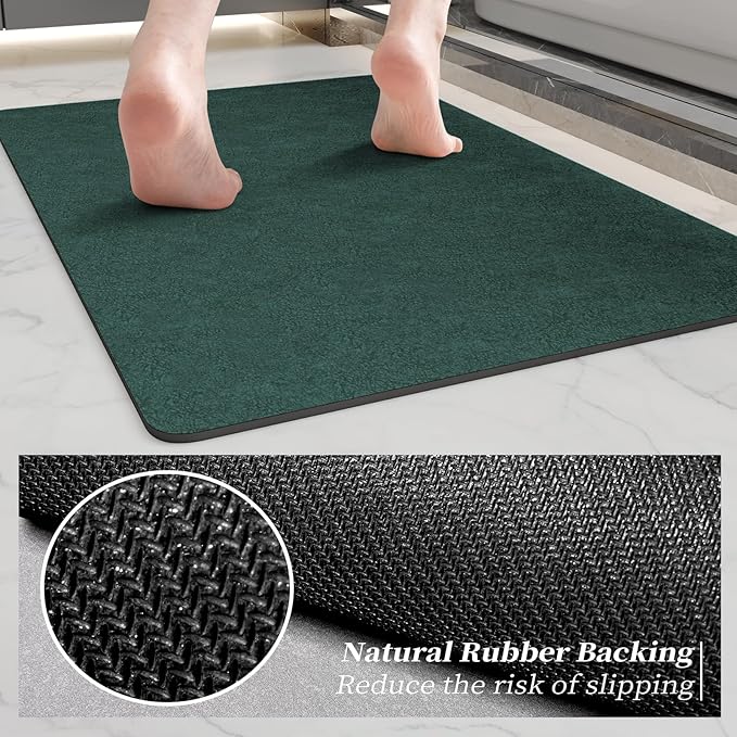 Bath Mat Rugs 24x17 - Diatomaceous Earth Bath Mat Quick Dry Absorbing Bathroom Rugs Rubber Non Slip Thin Bathroom Mat Fit Under Door, Bath Mats for Bathroom Floor, Tub and Shower, Sink, Dark Green