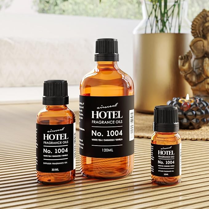 AirScent Hotel Diffuser Oil No. 1004 - White Tea, Oakmoss and Vanilla - Premium Fragrance Oil for Ultrasonic and Waterless Diffusers and Crafting - 120 mL, 4 fl oz Glass Bottle