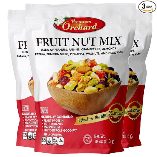 FRUIT NUT MIX TRAIL MIX by PREMIUM ORCHARD - Gourmet Trail Mix Bulk Blend of Mixed Nuts & Dried Fruit - Healthy Vegan Snacks, Snack Nut Mix, Plant Protein Source, Non-GMO, Natural - 18oz (3 Pack)