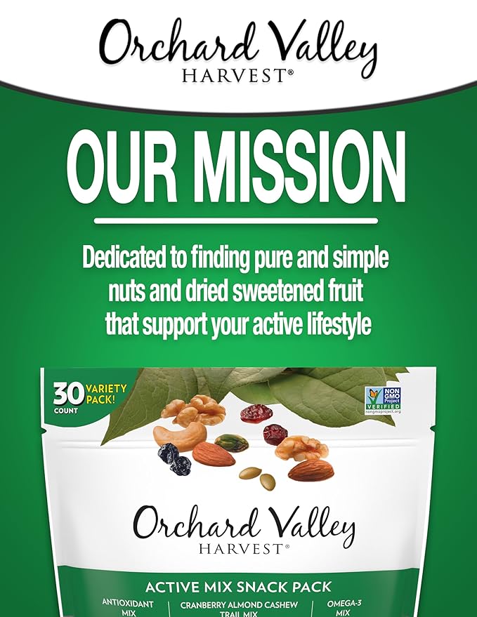 Orchard Valley Harvest Active Snack Pack Mix, 1oz Bags (Variety Pack of 30), Antioxidant Mix, Cranberry Almond Cashew, Omega-3 Trail Mix, Healthy Snacks for Adults and Kids, Gluten Free