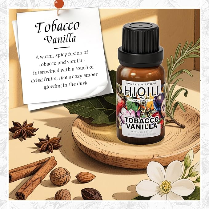 HIQILI Tobacco Vanilla Fragrance Oil, Refill for Diffusers & Humidifiers, Hotel-Grade Scent, Suitable for Home Use - 0.34 Fl Oz