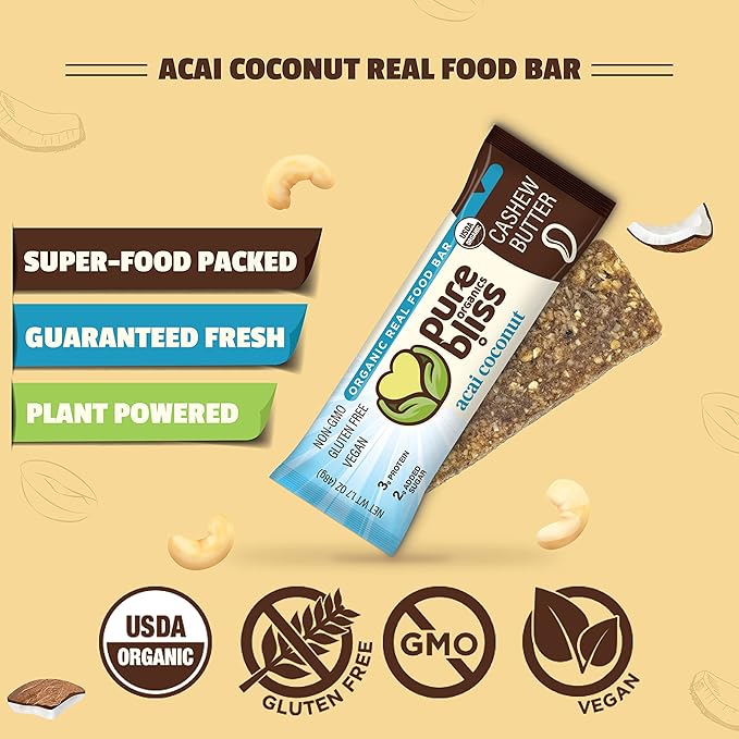 Organic Real Food Bar (Acai Coconut) Non-GMO, Gluten Free, Vegan, Nutrition Bars, Energy Bars, Super Food Simple Ingredients, Best Tasting, Healthy Snack, Breakfast Bars, Dairy Free, Soy Free, Pure Bliss Organics (1.7 oz bar, 12-Pack Case)
