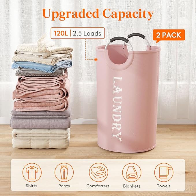 Lifewit 120L 2-Pack Large Laundry Basket, Collapsible Laundry Hamper with Aluminum Handles, Waterproof Freestanding Dirty Clothes Hampers for Laundry Room Bedroom Dorm Bathroom, Pink