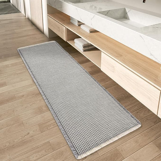 AMOAMI Upgraded Waffle Runner Rug Super Absorbent Non Slip Bath Mats for Bathroom Machine Washable Bathroom Runner Rug with Tassels, Ideal for Hallway Bedroom Laundry Room, 2' x 5', LightGrey & Cream