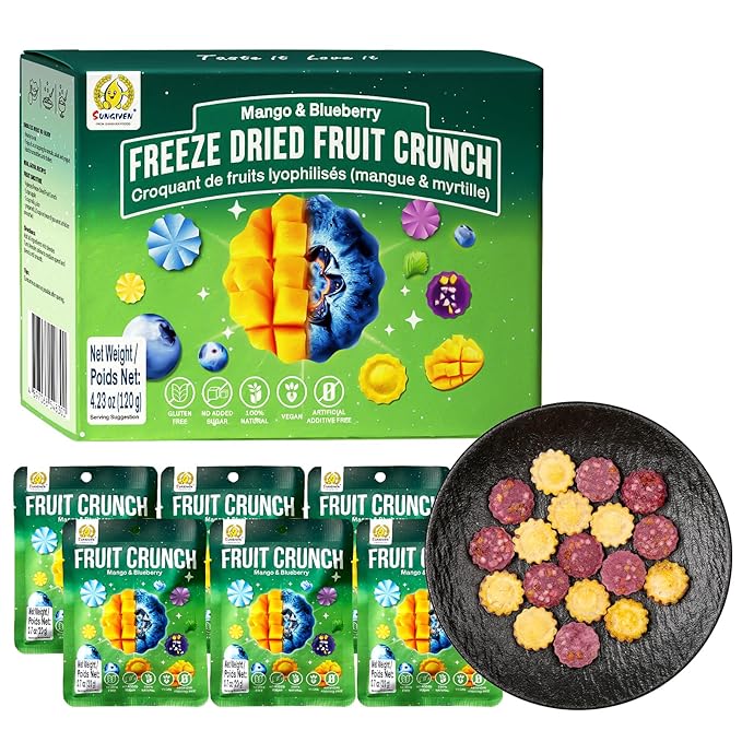 SUNGIVEN Freeze Dried Fruit Crisps Crunch Mango & Blueberry 6 Packs Gluten Free Made with Fruit Vegan Healthy Snacks Ready to Eat for Yogurt Dessert