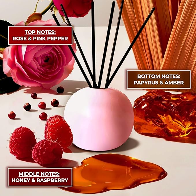 Ceramic Reed Diffuser for Home, Ampure Rose Fragrance (2X Stronger, 4 to 6 Months of Usage) in a Scent Bowl - 5 Natural Fiber Reed Sticks & Decorative Flower Set, Office Decor, Eco-Friendly