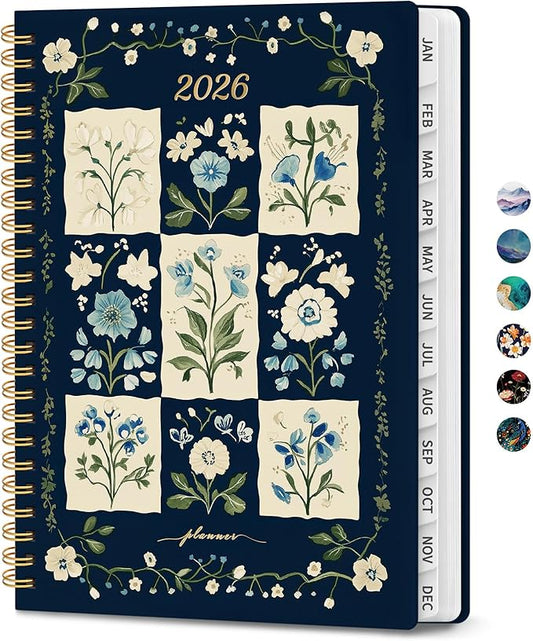 2026 Planner, Monthly and Weekly Calendar Planner for Women, January 2026 - December 2026, Hardcover Pretty 2026 Agenda Planner Book with Tabs, Spiral Bound, Perfect for School Office Home Supplies, 6.3" x 8.5" - Blue Patchwork