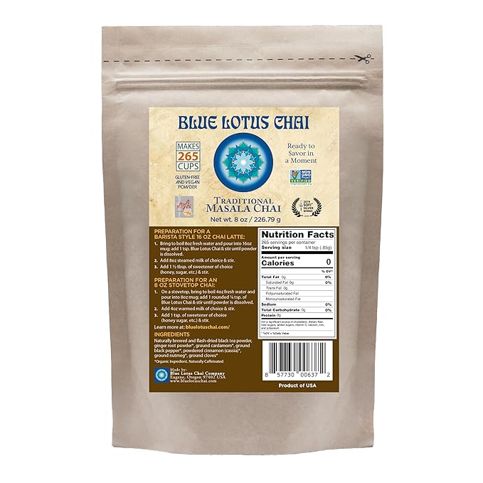 Blue Lotus Chai – Traditional Masala Chai - Makes 265 Cups – Just Add Hot Water, No Steeping, No Gluten - 8 Ounce Masala Spiced Chai Powder with Organic Spices – Authentic Indian Tea