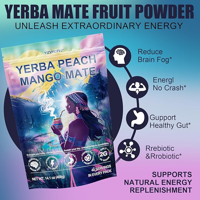 40 Servings (14.1oz) Yerba Mate Instant Tea Powder, 3-in-1 Peach Mango Flavored Low Sugar Super Drink to Support Energy & Focus with Prebiotics and Probiotics
