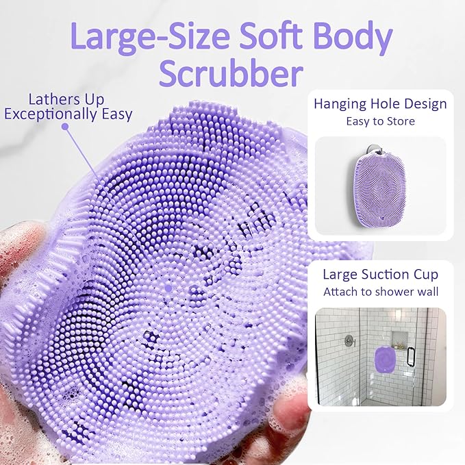 Soft Silicone Body Scrubber, Gentle Like a Hand Exfoliating Your Skin and Build Up Lather Easily, Back Large Suction Cup Easy to Store, Long-Lasting & Deep Clean (Purple)