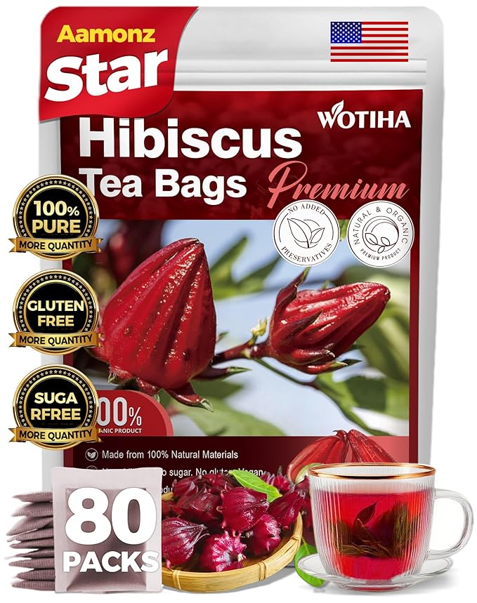 WOTIHA-Natural Hibiscus Tea Bags 120g. 80 Herbal Tea Bags Tea with Antioxidant Properties, Non-GMO • Additive-Free • Caffeine-Free，Vegan