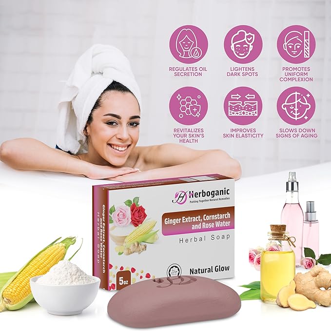 HERBOGANIC Ginger Extract, Cornstarch and Rose Water Herbal Soap | Pack of 6 of 5oz soap Bar | Ideal for Men and Women, Soothing and Nourishing Soap for Moisturization