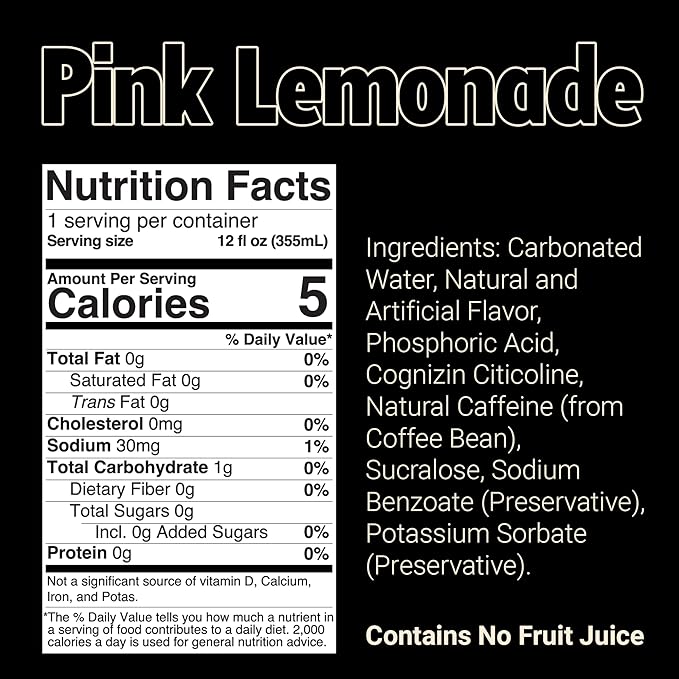 BUM Sugar-Free Energy Drink, Pink Lemonade - Lightly Carbonated & No Artificial Colors, Natural Caffeine & Citicoline for Energy & Focus, Brain Boost & Workout Sports Beverage - 12 oz, Pack of 12