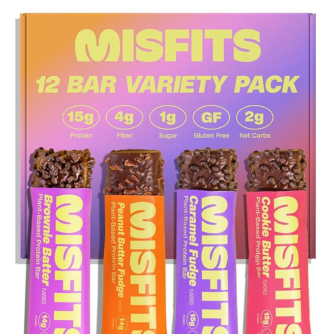 Misfits Protein Bars - High Protein Candy Bars | Gluten Free Plant Based, Low Sugar & Carb, High Fiber Snacks | Variety Pack of 12 (4 Flavors)