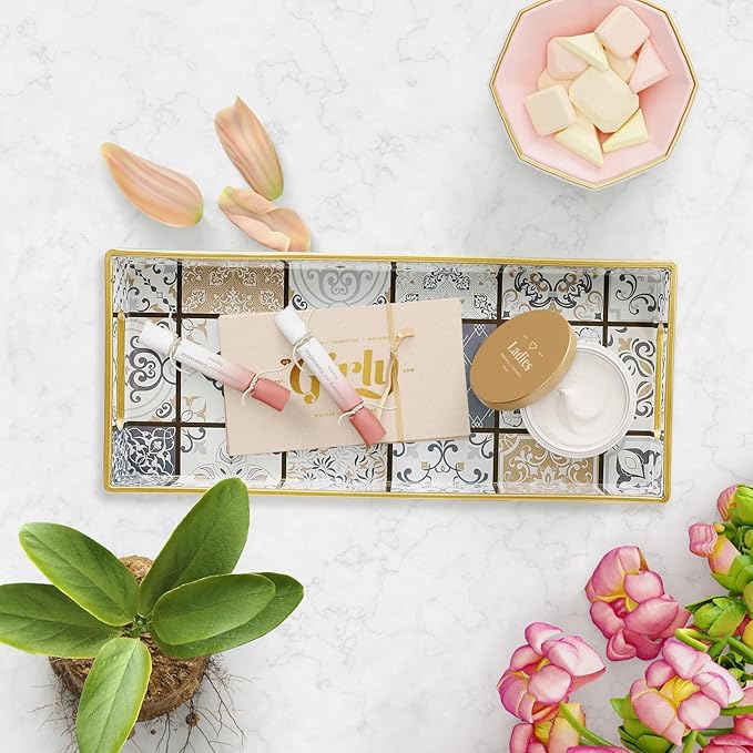 Bathroom Vanity Tray for Countertop, Small Plastic Toilet Tank Tray Versatile Storage & Organization Tray for Makeup, Perfume, Desk, Kitchen, Candles, 13.7"x6"x1.4", 35Boho3