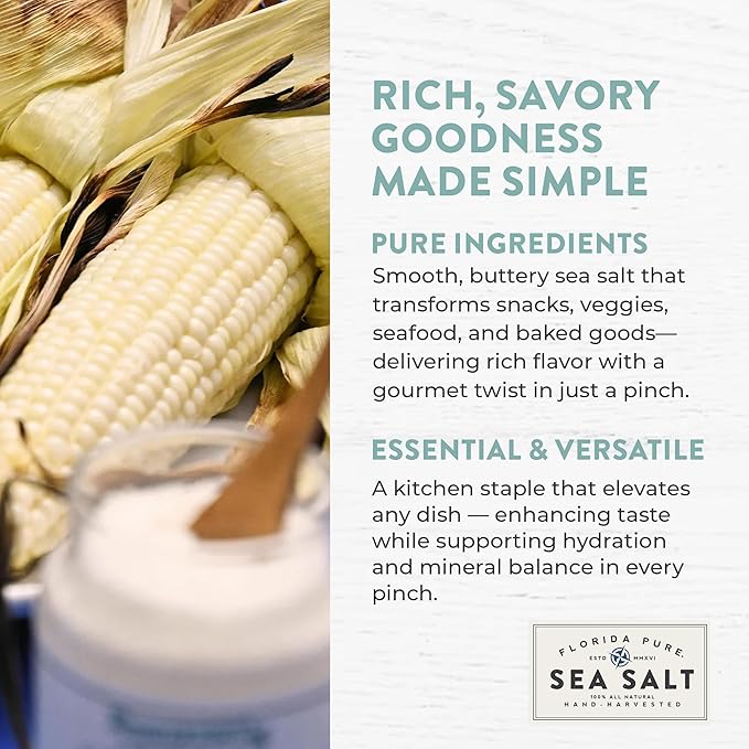 FLORIDA PURE Salted Butter Sea Salt - 80+ Mineral Sea Salt, Natural, Unrefined, Non Iodized - for Baking, Cooking, Seasoning & Enhancing Taste - Hand-harvested Flaky Sea Salt (4.5oz Jar)