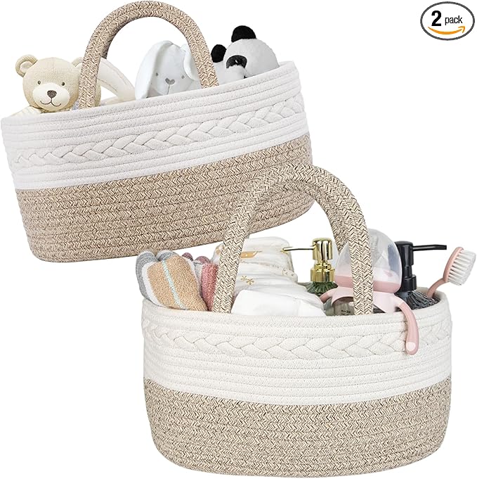 Baby Diaper Caddy Girl Boy Organizer Small Woven Baskets With Handle, Cotton Rope Tote For Shower Nursery, Decorative Small Storage Baskets For Shelves,Unique Gift Baby