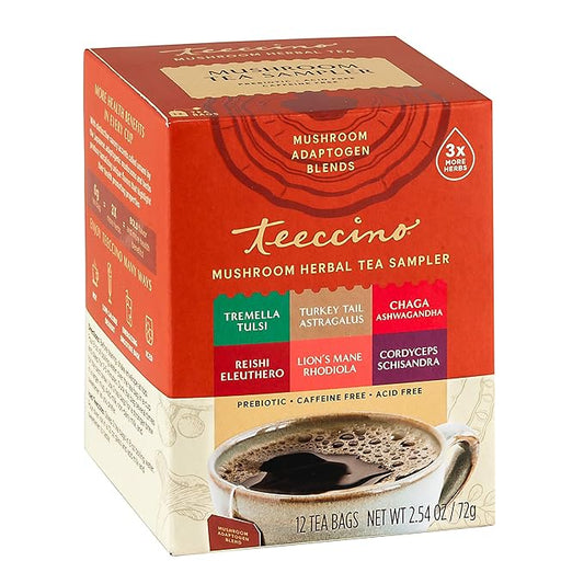 Teeccino Mushroom Herbal Tea - Mushroom Adaptogen Tea Sampler - 12 Tea Bags - Support Your Health With Mushrooms and Adaptogenic Herbs, Prebiotic, Caffeine Free, Acid Free