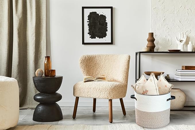 Cotton rope Storage Basket with Zipper cover & Woven baskets with Lid easy to move Multi-Purpose Storage Basket for Living Room, 13 x14 inches(Brown+White)