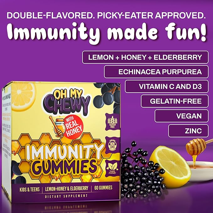 Elderberry Gummies Immunity Support - Real Honey and Lemon Immune Supplement for Kids & Teens with Vitamin C, Echinacea, and Zinc - 60 CT