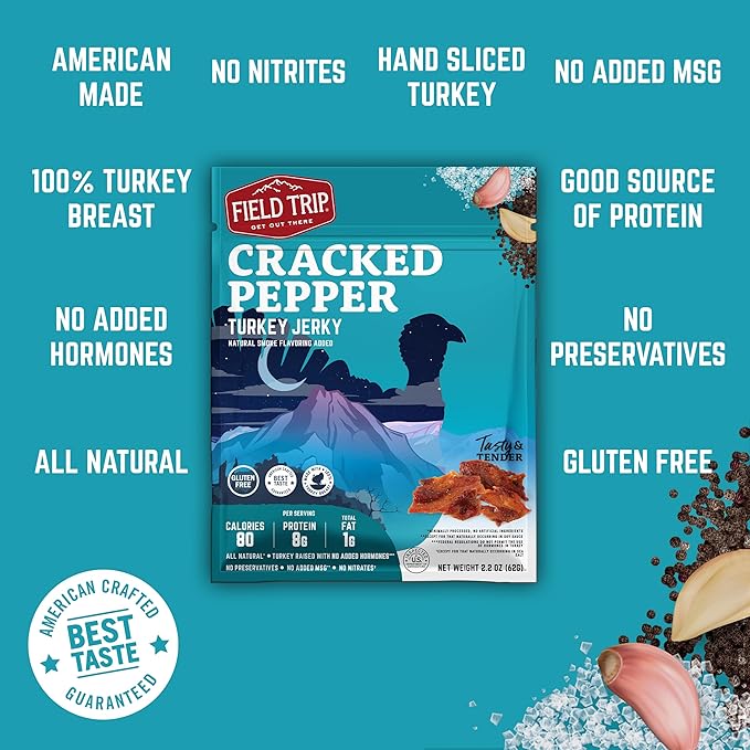 Field Trip Turkey Jerky, Gluten Free, Low Carb, Healthy High Protein Snacks, No Nitrates, All Natural Ingredients, Cracked Pepper, 2.2oz Bags, 4 Pack