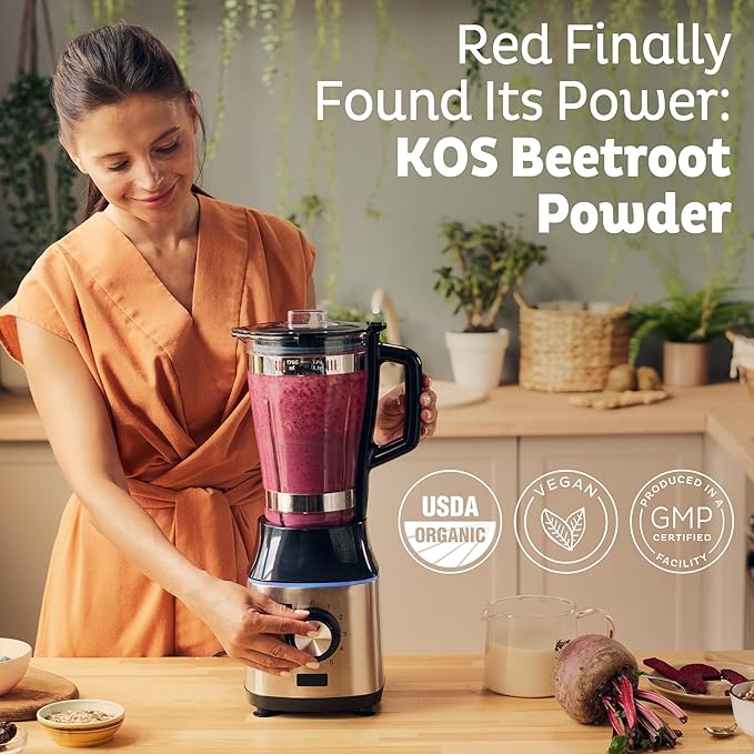 KOS Organic Beet Root Powder, USDA Organic - Natural Nitric Oxide Booster, Superfood Plant Based Beetroot Antioxidant, Supports Active Lifestyle & Healthy Circulation, Soy & Gluten-Free - 90 Servings