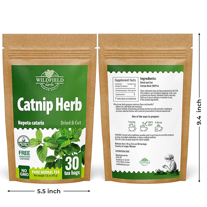 30 Bags Catnip Tea Catnip Herb Tea (Nepeta L.) - 30 Count 1.5g Bags Cat Nip Leaf Herb Hierba Gatera