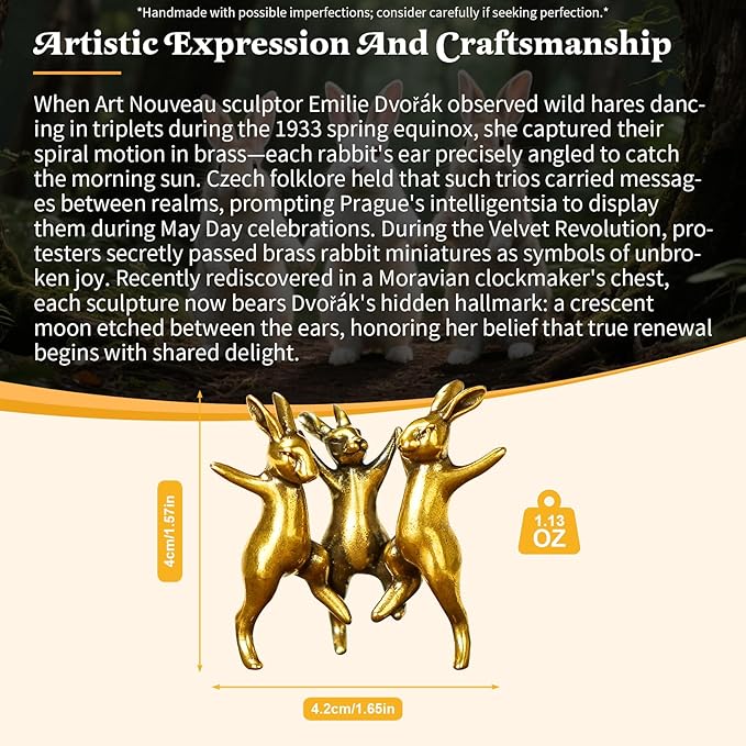 CHOVY Dancing Rabbits Trio - 100% Solid Brass Sculpture, Vintage Whimsical Home Decor, Interlocking Joyful Bunny Figurine for Easter & Spring, Unique Gift Idea, Handcrafted Collectible Art Piece