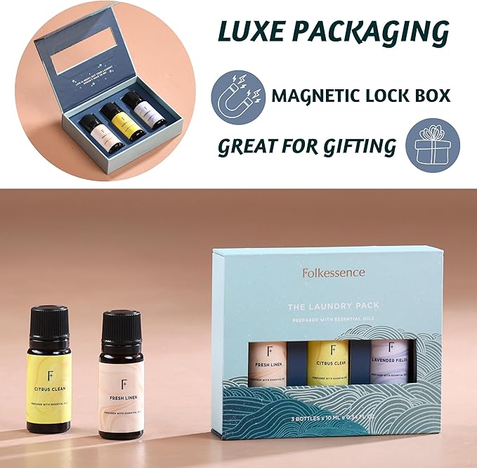 Folkulture Laundry Collection Essential Oils Set | Pack of 3 Pure Essential Oil for Diffuser for Home | Use with Wool Dryer Balls Scents | Fresh Linen, Citrus & Lavender (The Laundry Pack)