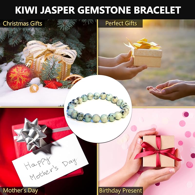 Kiwi Jasper Bracelet, Natural Healing Crystal Bracelet for Women and Men, 8mm Round Beaded Bracelet for Spiritual, Protection, Positive Energy, Elastic Adjustable Size Gemstone Bead Bracelet
