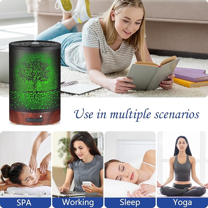 Essential Oil Diffuser- Aromatherapy Diffuser with7 Colors Light and Auto-Off for Women Metal Cool Mist Humidifier for Home and Office(Tree)