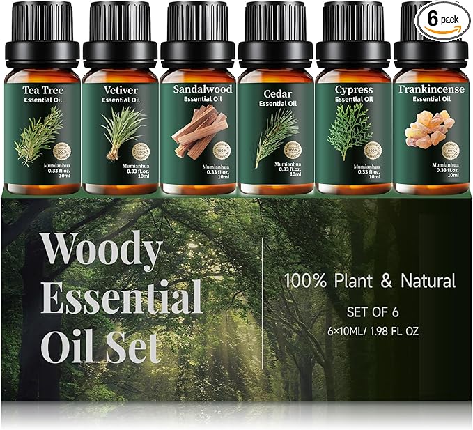 Woody Essential Oils Set Pure, Mumianhua Sandalwood, Cedar, Tea Tree, Cypress, Frankincense, Vetiver - Natural Classic Woody Aromatherapy Meditation Set for Diffuser, Candle & Soap Making Gift 6x10ml
