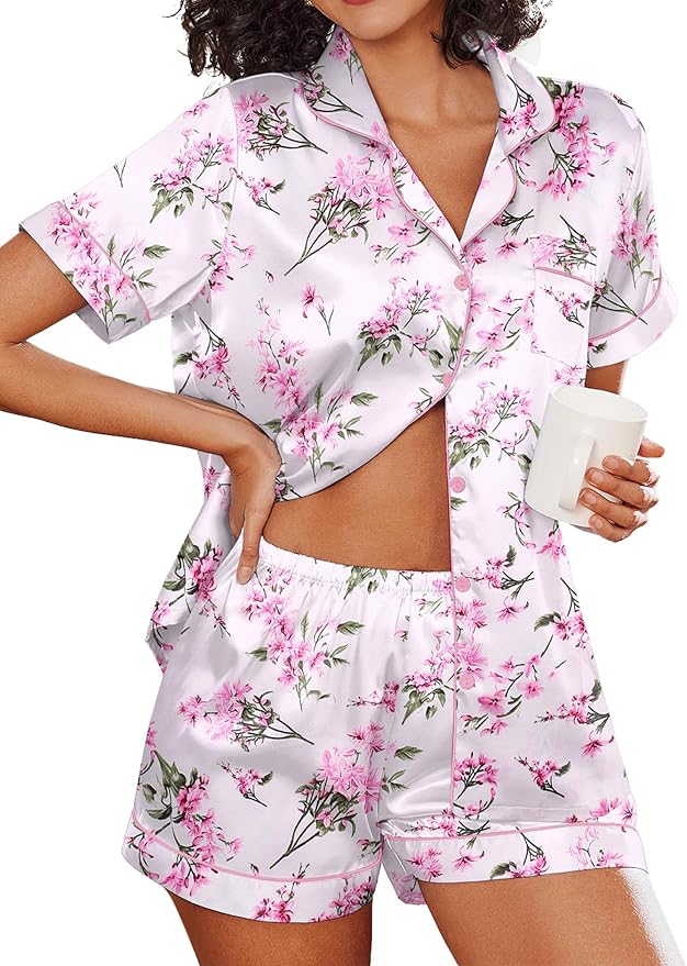 Ekouaer Silk Pajamas for Women Short Sleeve Sleepwear Soft Button Down Loungewear 2 Piece Satin Pjs Shorts Set S-XXL
