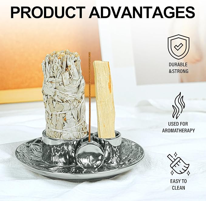 4 in 1 Incense Holder, Ceramic Incense Stick and Palo Santo Holder,Sage Holder for Burning- 5.5" Ceramic Ash Catcher Tray for Meditation and Yoga Room (Silver)