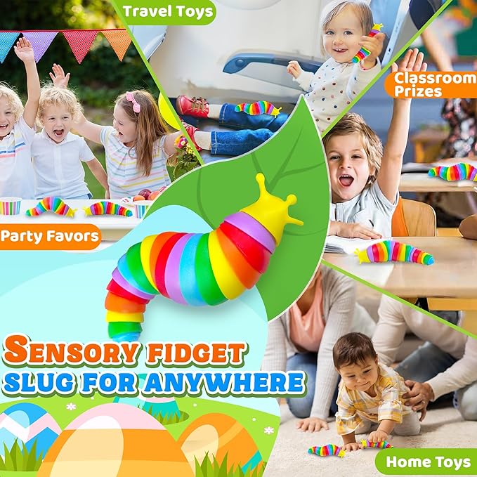 6PCS Baby Sensory Fidget Slug Toys Pack, ASMR Travel Airplane Activities Road Trip Car Toy for Toddler Kids Figette Worm for Adults Stress Relief Gift for Autism ADHD Autistic Caterpillar Stim Toys