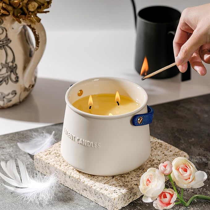 Candles for Home Scented - Scandinavian Style 3 Wick Candle - Long-Lasting Ceramic Candle Jar - Soy Candles Non Toxic with Minimalist Design - Summer Night