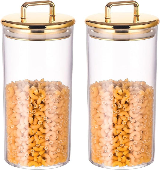 2 Pack 32 oz Large Acrylic Storage Apothecary Jar with Gold Airtight Lid | Bathroom Vanity Organizer Containers | Ideal Decorative Canisters for Shells, Bath Salt, Grains, Cotton Ball, Flossers