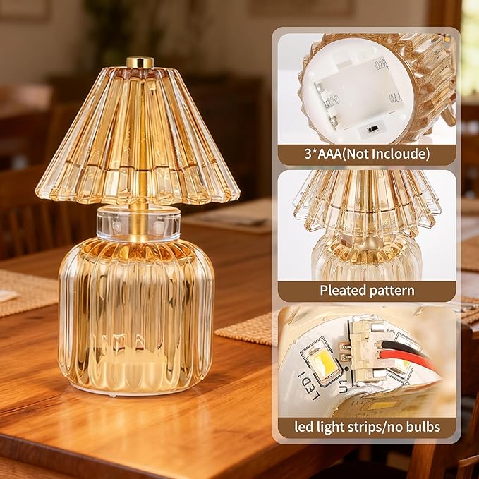 Battery Operated Lamp with Auto-Off Timer, Cordless Table Night Light for Bedroom & Entryway, Portable LED Lamp for Home, Outdoor, Camping No Battery Included (Umbrella Design - Amber)
